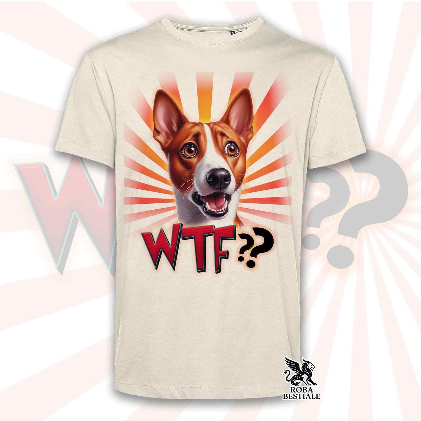 T-Shirt WTF?? - BASENJI Bianco e Rosso - Bianca o Beige, da Uomo o da Donna - dalla XS alla 5XL