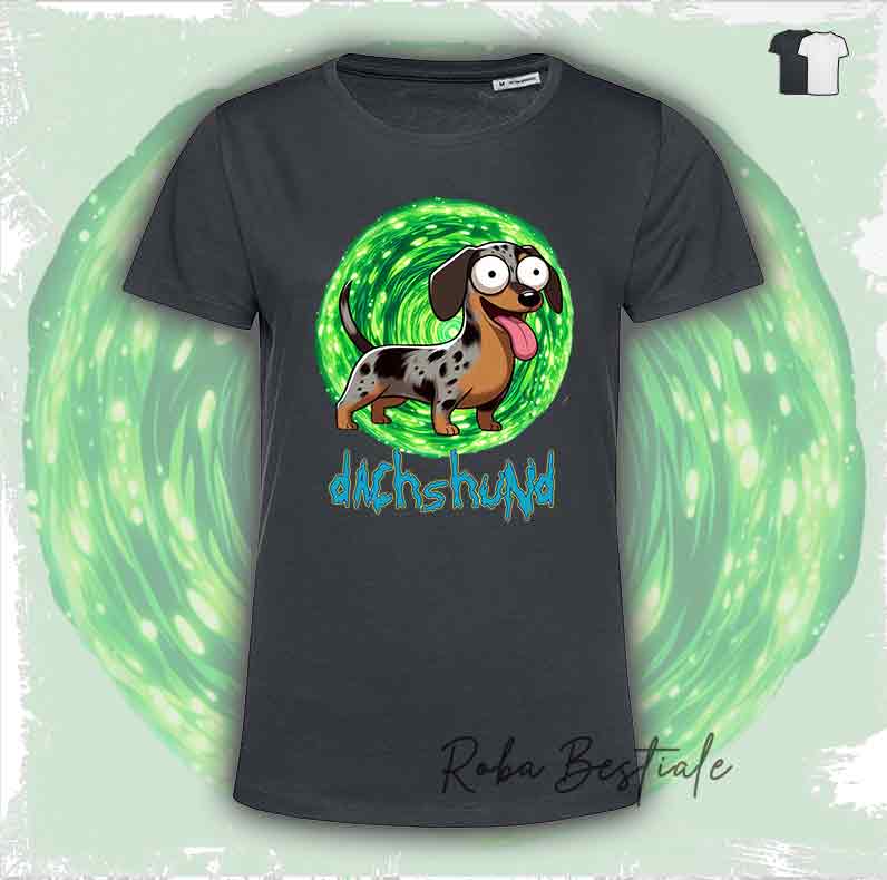 T-Shirt RICK & MORTY - BASSOTTO TEDESCO a Pelo Corto - Arlecchino Marrone - Bianca o Nera - dalla XS alla 5XL