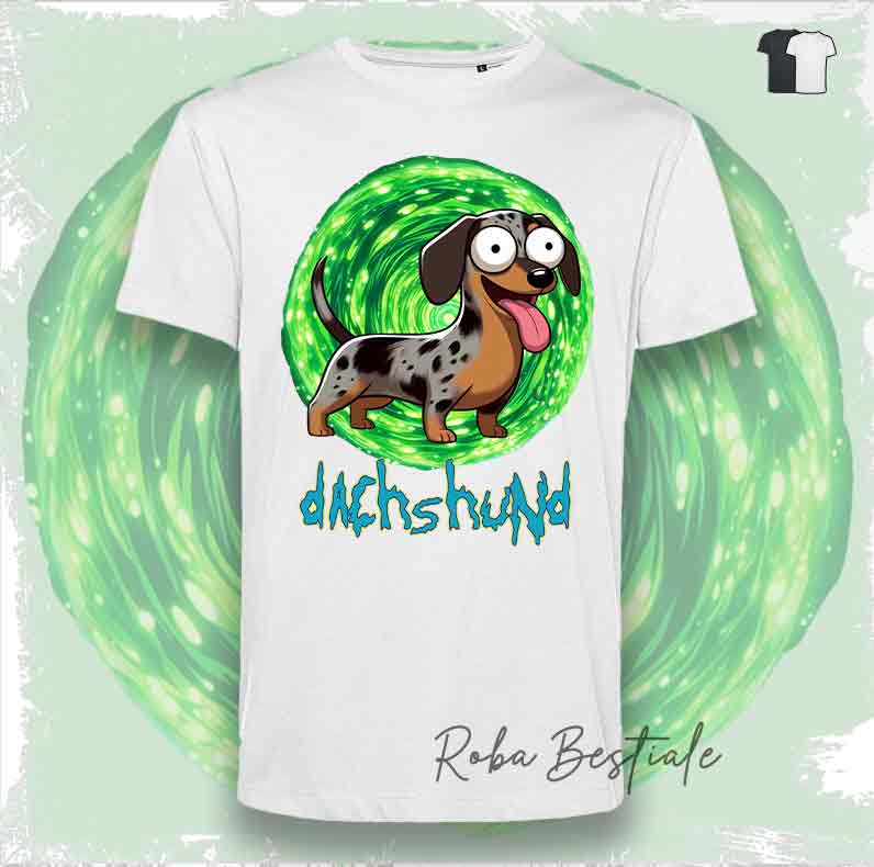 T-Shirt RICK & MORTY - BASSOTTO TEDESCO a Pelo Corto - Arlecchino Marrone - Bianca o Nera - dalla XS alla 5XL