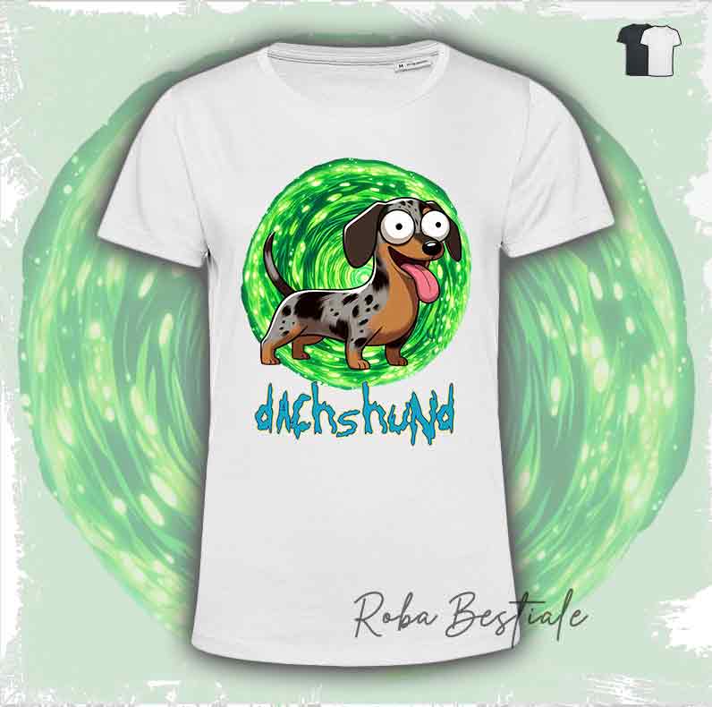 T-Shirt RICK & MORTY - BASSOTTO TEDESCO a Pelo Corto - Arlecchino Marrone - Bianca o Nera - dalla XS alla 5XL