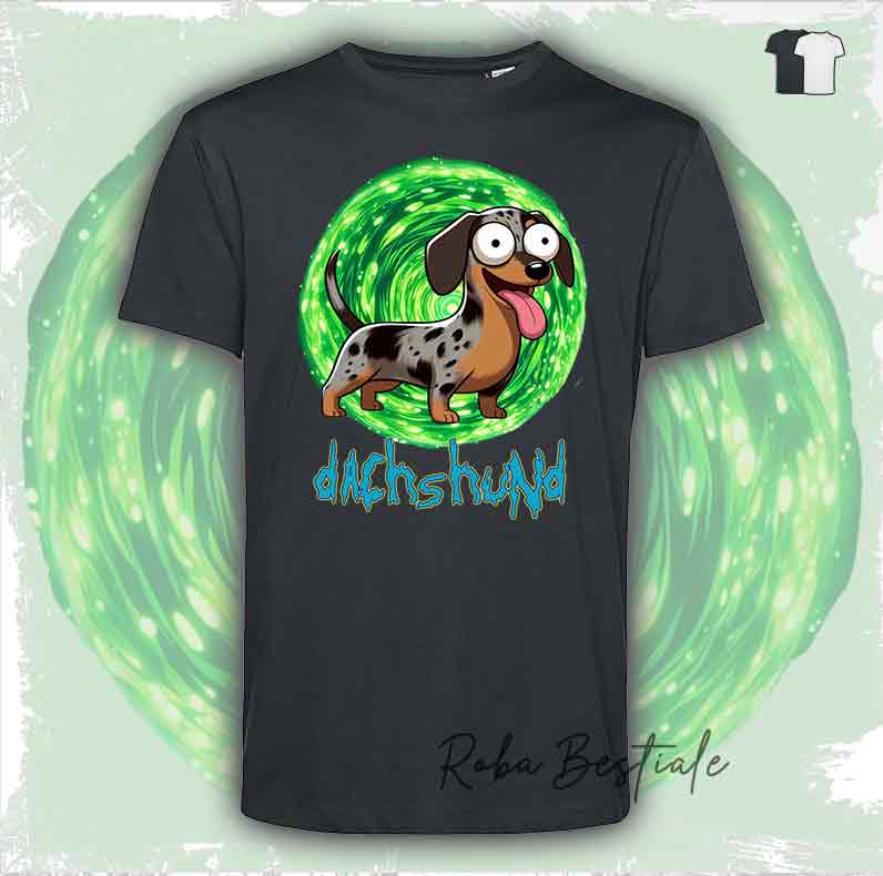 T-Shirt RICK & MORTY - BASSOTTO TEDESCO a Pelo Corto - Arlecchino Marrone - Bianca o Nera - dalla XS alla 5XL