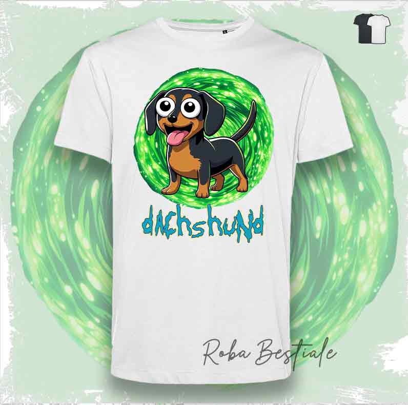 T-Shirt RICK & MORTY - BASSOTTO TEDESCO a Pelo Corto - Nero Focato - Bianca o Nera - dalla XS alla 5XL