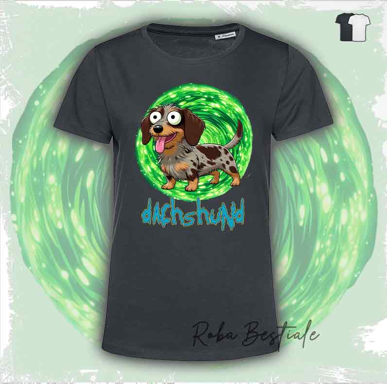 T-Shirt RICK & MORTY - BASSOTTO TEDESCO a Pelo Duro - Arlecchino Marrone - Bianca o Nera - dalla XS alla 5XL