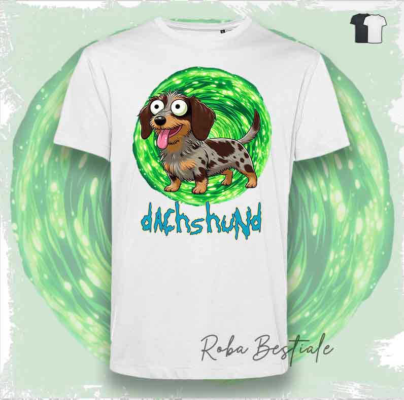T-Shirt RICK & MORTY - BASSOTTO TEDESCO a Pelo Duro - Arlecchino Marrone - Bianca o Nera - dalla XS alla 5XL