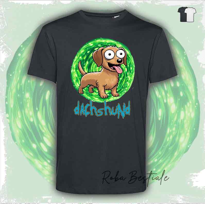 T-Shirt RICK & MORTY - BASSOTTO TEDESCO a Pelo Duro - Foglia Secca - Bianca o Nera - dalla XS alla 5XL