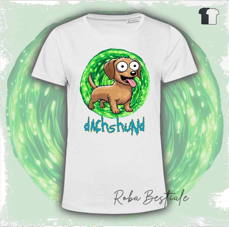 T-Shirt RICK & MORTY - BASSOTTO TEDESCO a Pelo Duro - Foglia Secca - Bianca o Nera - dalla XS alla 5XL