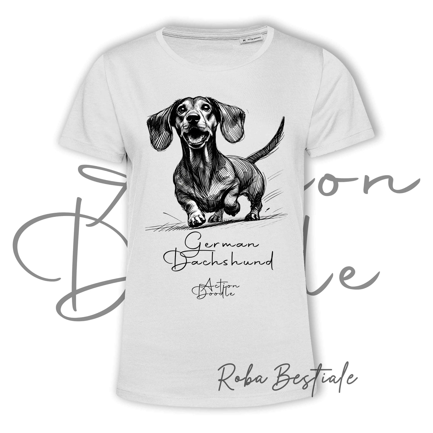 T-Shirt ACTION DOODLE - BASSOTTO TEDESCO a Pelo Corto 1 - 100% Cotone, Bianca, Uomo o Donna - dalla XS alla 5XL