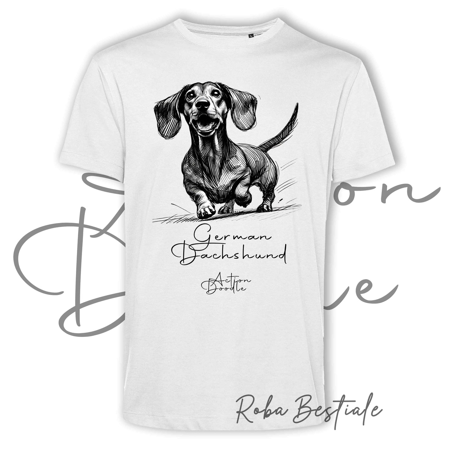 T-Shirt ACTION DOODLE - BASSOTTO TEDESCO a Pelo Corto 1 - 100% Cotone, Bianca, Uomo o Donna - dalla XS alla 5XL