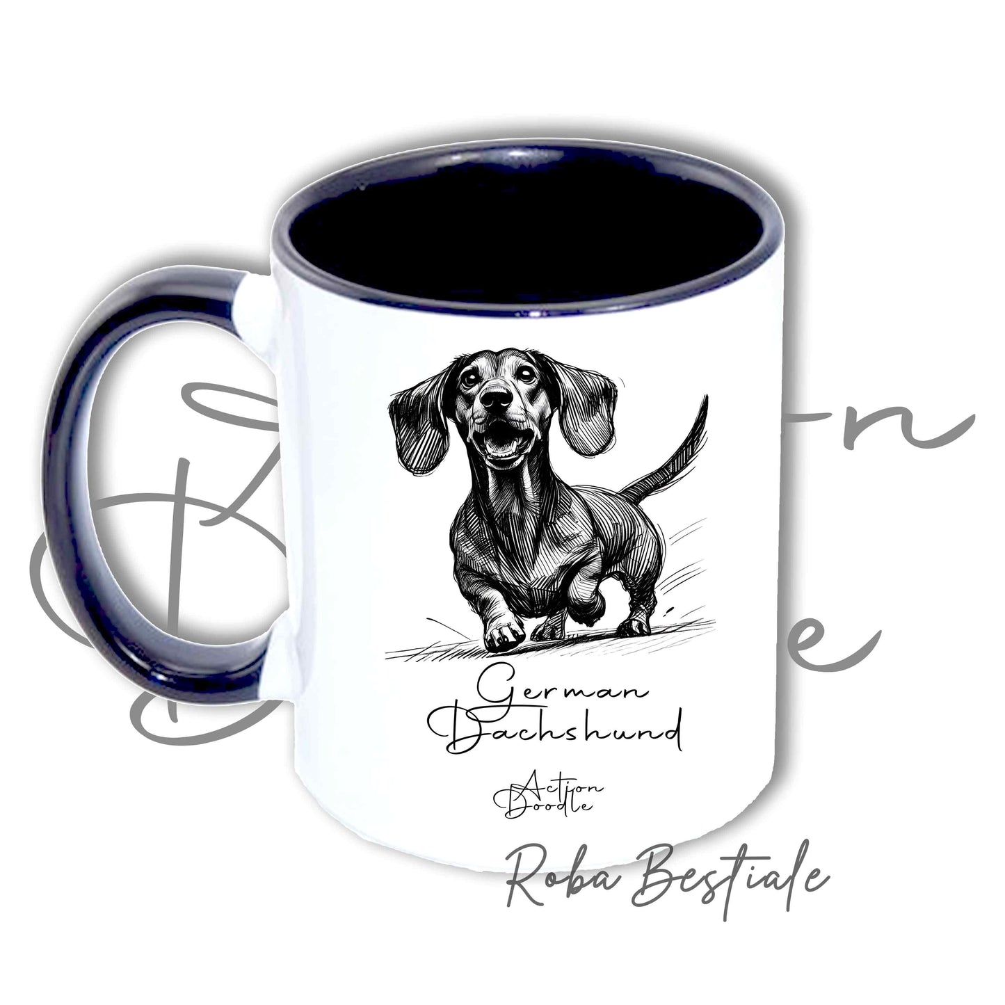Tazza ACTION DOODLE - BASSOTTO TEDESCO a Pelo Corto 1 - In Ceramica, con manico e interno colorati - 330 ml