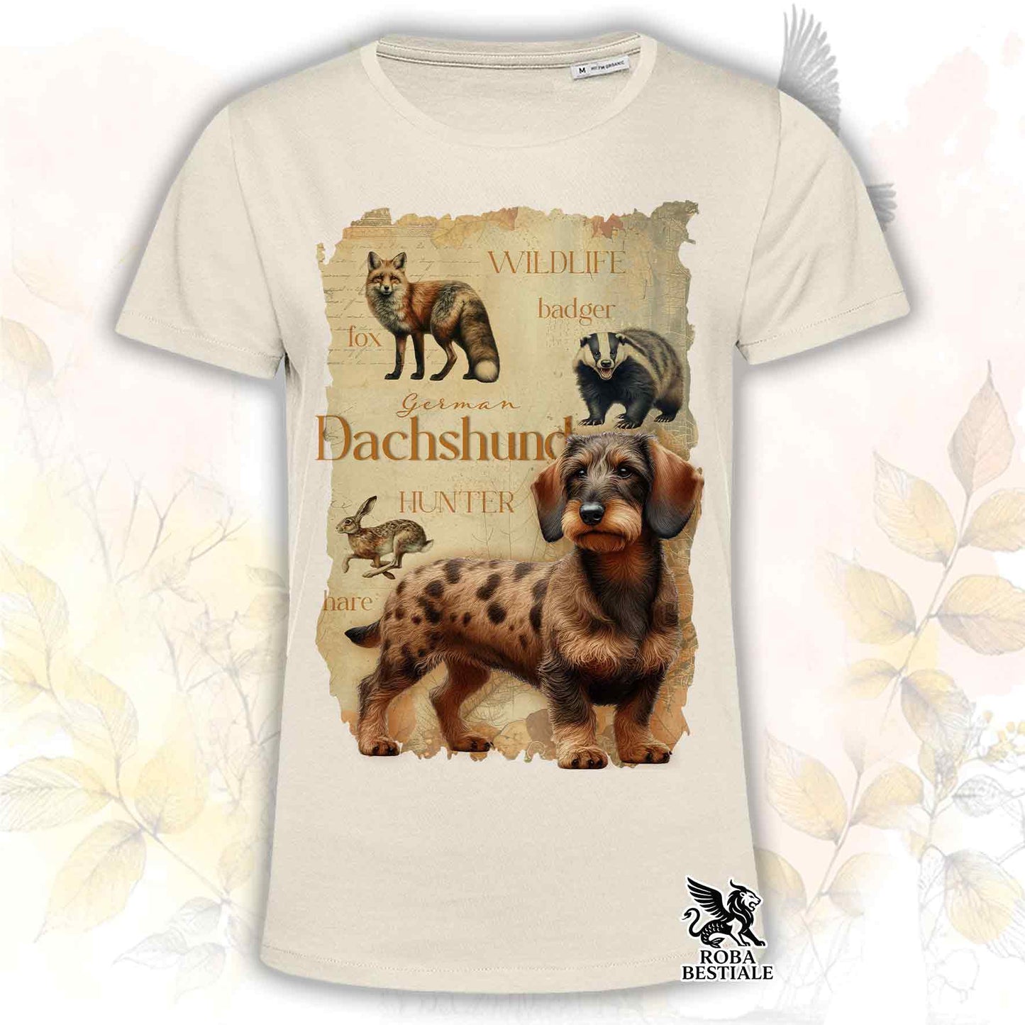 T-Shirt FIELD LEGACY - BASSOTTO TEDESCO a Pelo Duro Arlecchino Fulvo - Bianca o Beige, da Uomo o da Donna - dalla XS alla 5XL