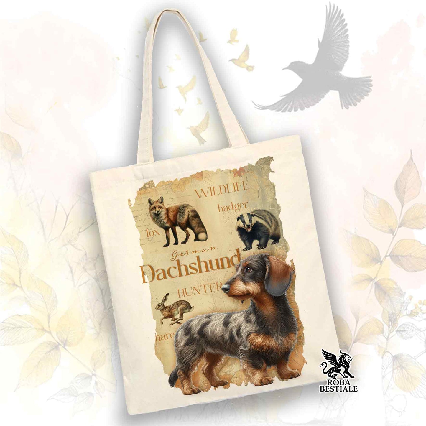 Tote Bag FIELD LEGACY - BASSOTTO TEDESCO a Pelo Duro Arlecchino Marrone - 100% Cotone - Bianca o Beige