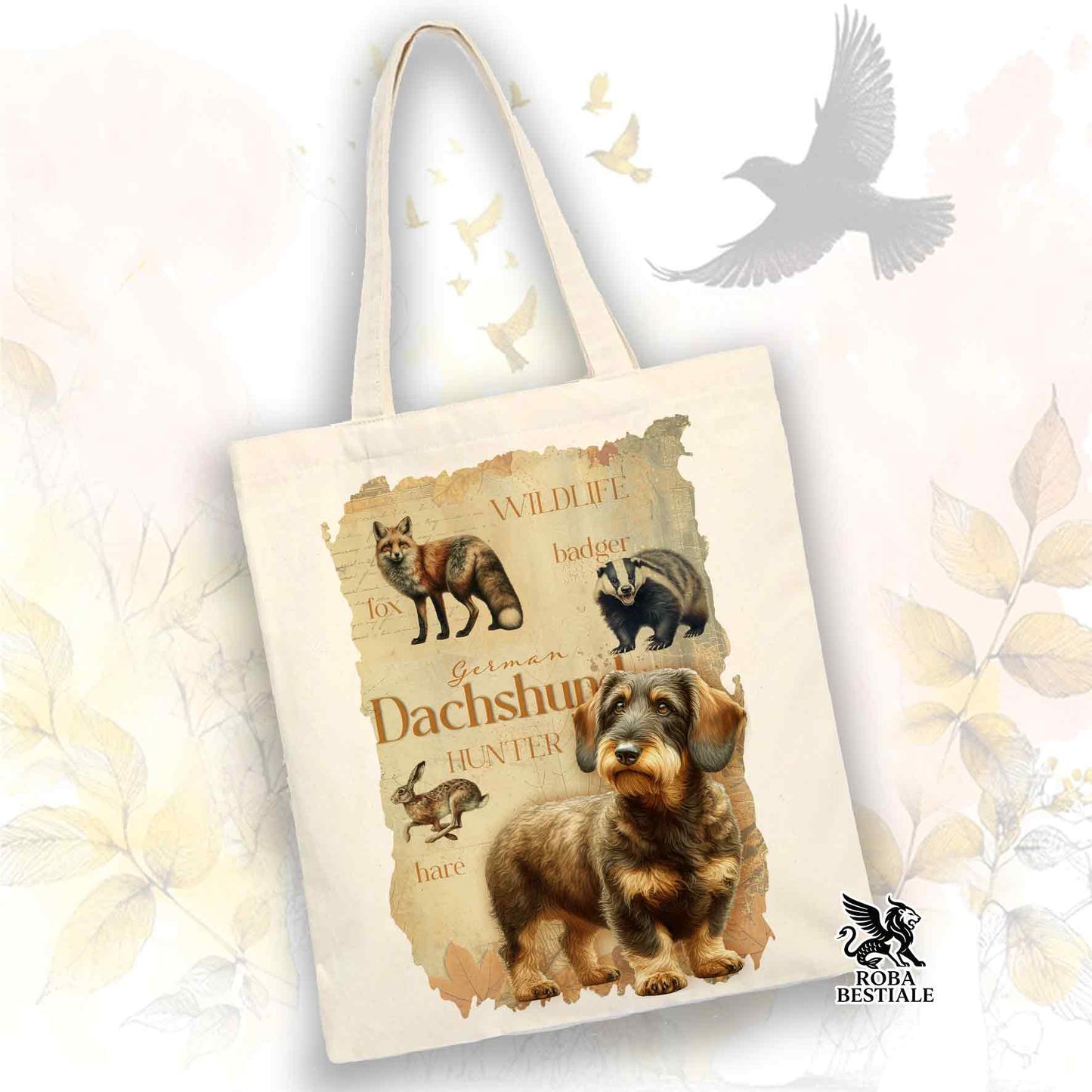 Tote Bag FIELD LEGACY - BASSOTTO TEDESCO a Pelo Duro Cinghiale Marrone - 100% Cotone - Bianca o Beige