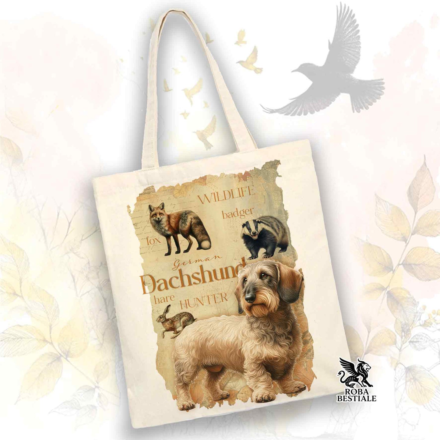 Tote Bag FIELD LEGACY - BASSOTTO TEDESCO a Pelo Duro Foglia Secca - 100% Cotone - Bianca o Beige