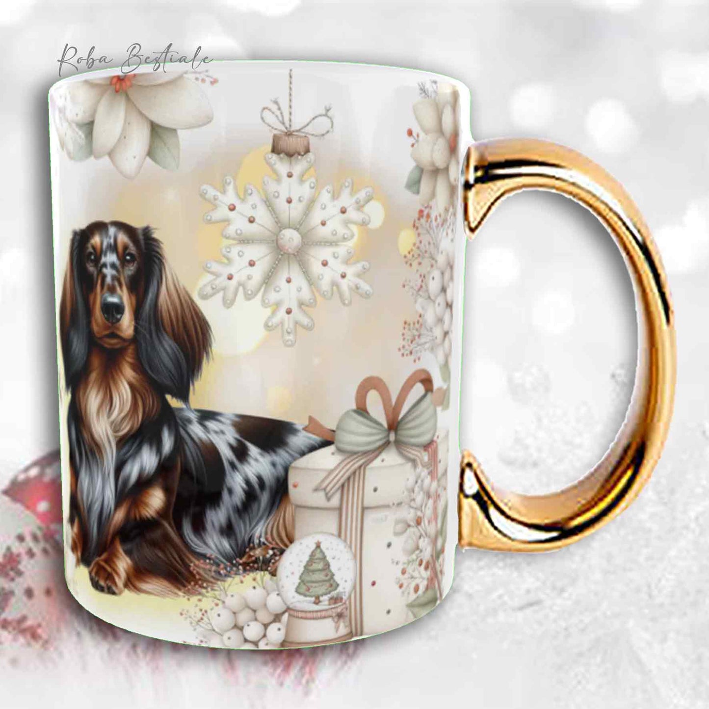 Tazza COZY WINTER - BASSOTTO TEDESCO a Pelo Lungo Arlecchino Marrone - In Ceramica, con manico color Oro - 330 ml