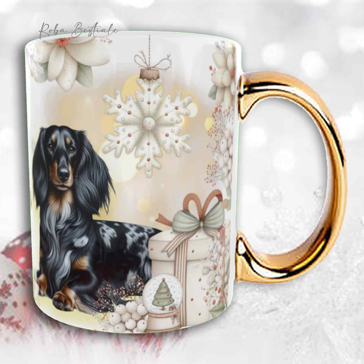 Tazza COZY WINTER - BASSOTTO TEDESCO a Pelo Lungo Arlecchino Nero - In Ceramica, con manico color Oro - 330 ml