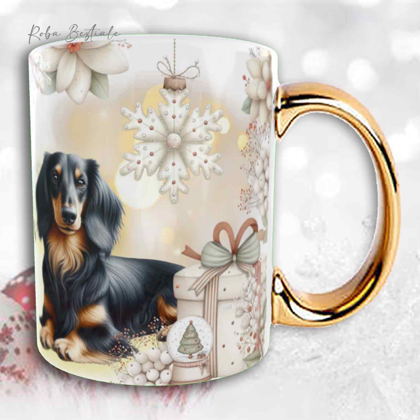 Tazza COZY WINTER - BASSOTTO TEDESCO a Pelo Lungo Nero Focato - In Ceramica, con manico color Oro - 330 ml