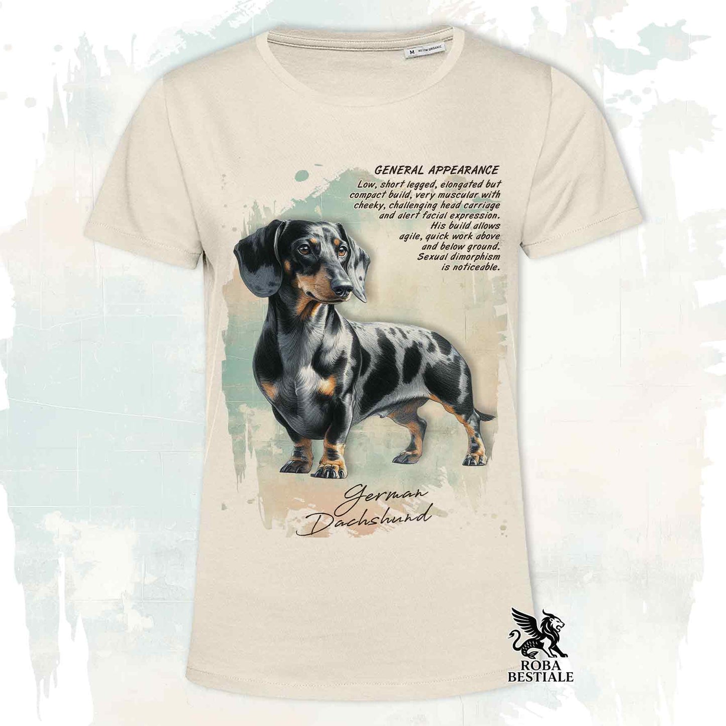 T-Shirt APPEARANCE - Harlequin Black Smooth Dachshund - White or Beige, Men's or Women's - from XS to 5XL