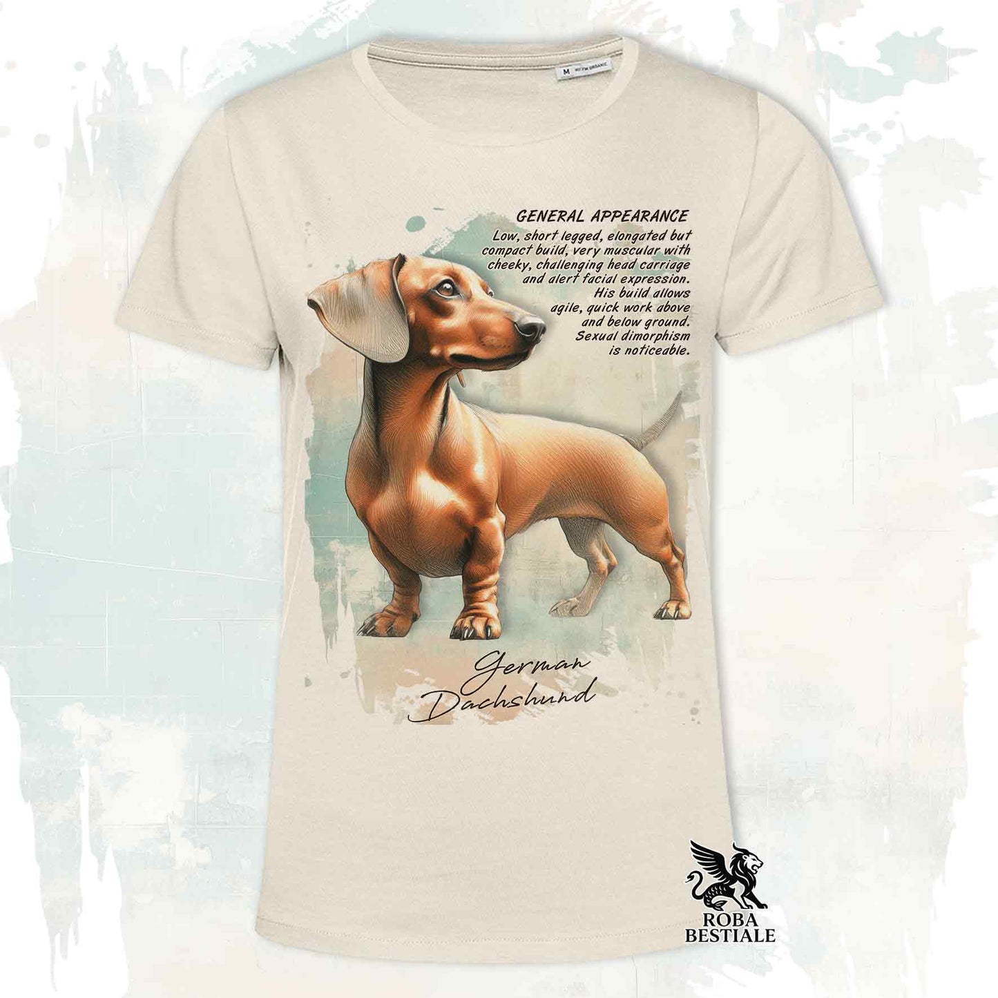 T-Shirt APPEARANCE - Smooth-Haired Fawn Dachshund - White or Beige, for Men or Women - from XS to 5XL