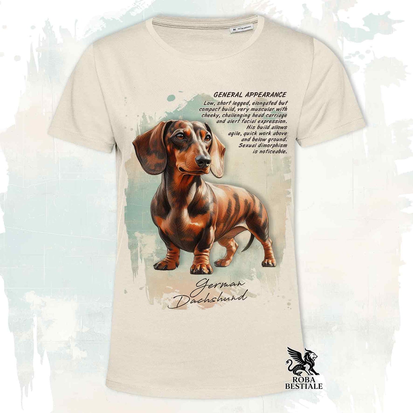 T-Shirt APPEARANCE - Brindle Smooth-Haired Dachshund - White or Beige, for Men or Women - from XS to 5XL