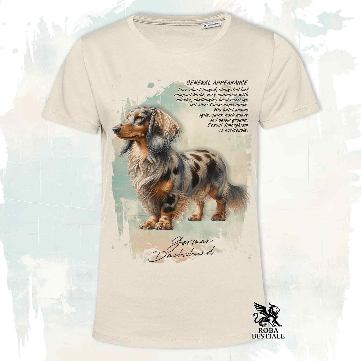 T-Shirt APPEARANCE - Harlequin Fawn Long-Haired Dachshund - White or Beige, Men's or Women's - from XS to 5XL