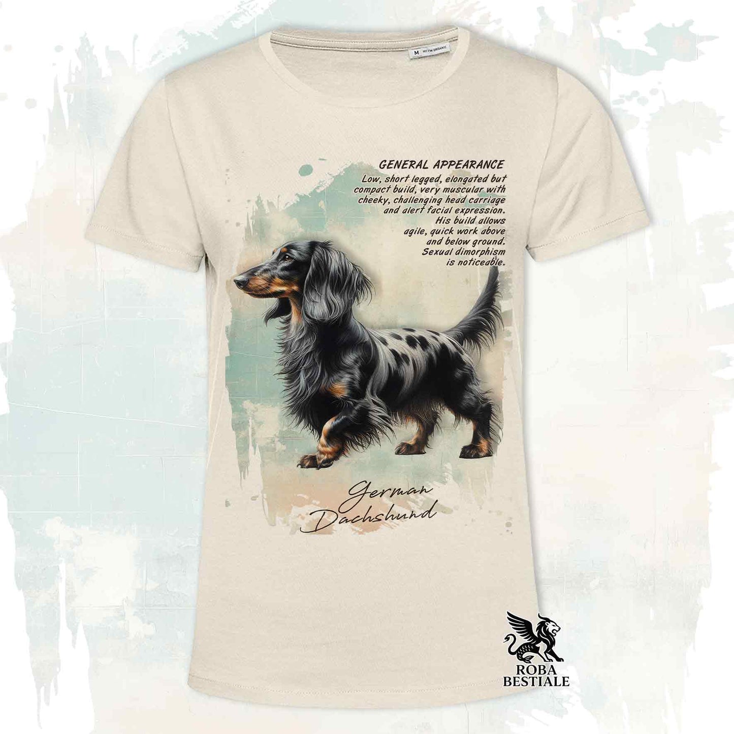 T-Shirt APPEARANCE - Long-Haired Dachshund Black Harlequin - White or Beige, Men's or Women's - from XS to 5XL