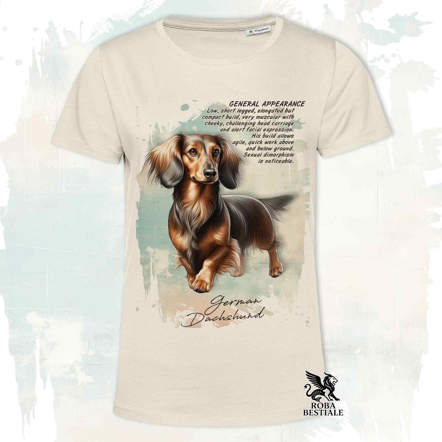 T-Shirt APPEARANCE - Long-haired Dachshund Brown and Tan - White or Beige, Men's or Women's - from XS to 5XL