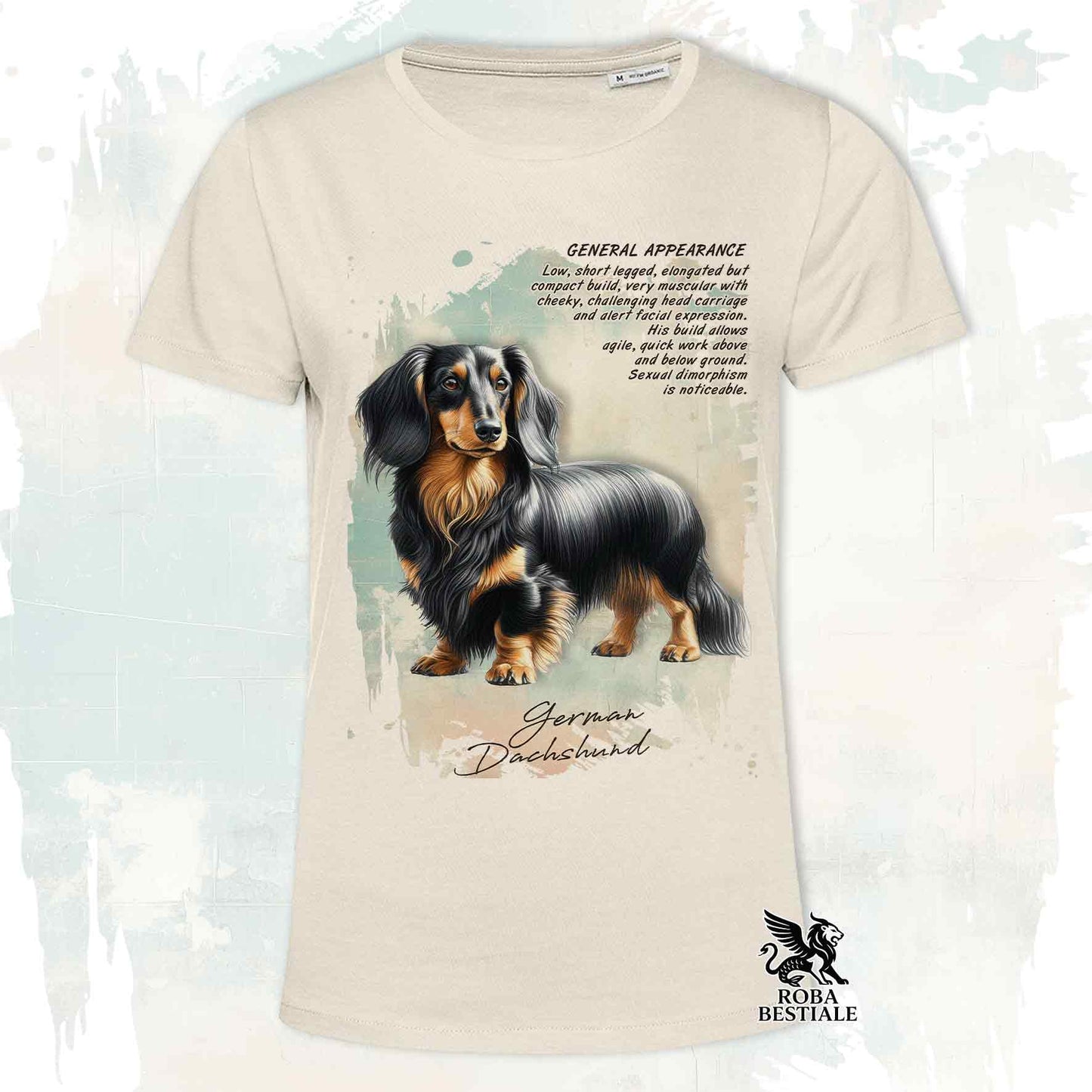T-Shirt APPEARANCE - Long-haired Black and Tan Dachshund - White or Beige, Men's or Women's - from XS to 5XL