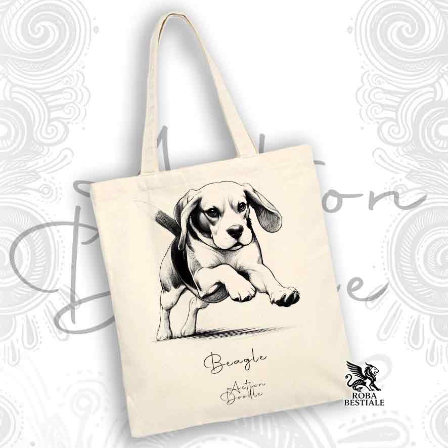 Tote Bag ACTION DOODLE - BEAGLE - 100% Cotone - Bianca o Beige