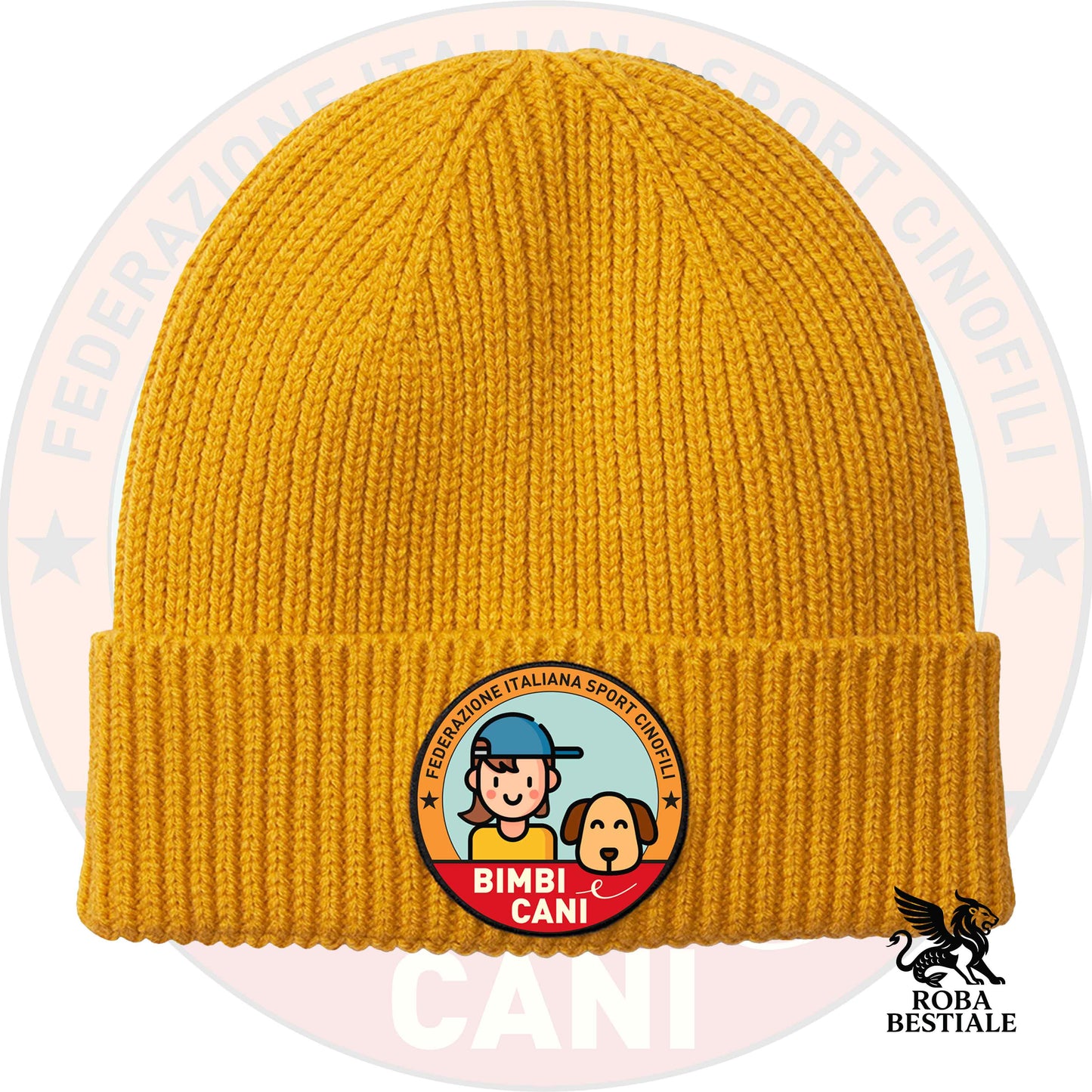 Beanie BIMBI e CANI - Cappellino Invernale - Caldo e morbido - Giallo, con logo