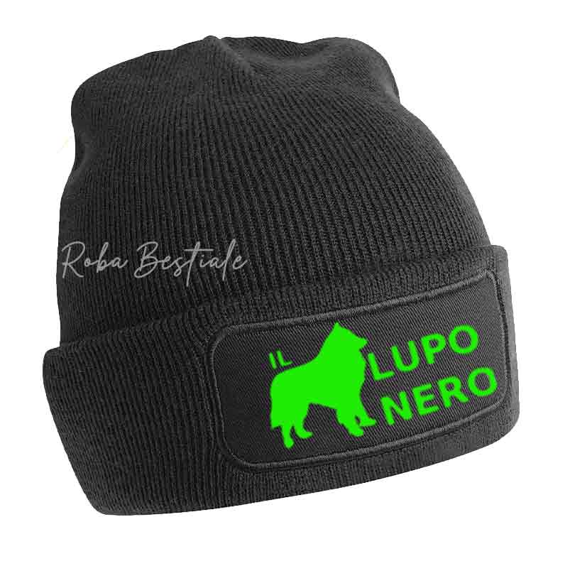 Beanie IL LUPO NERO - Cappellino Invernale - NERO con logo in vinile Neon Green