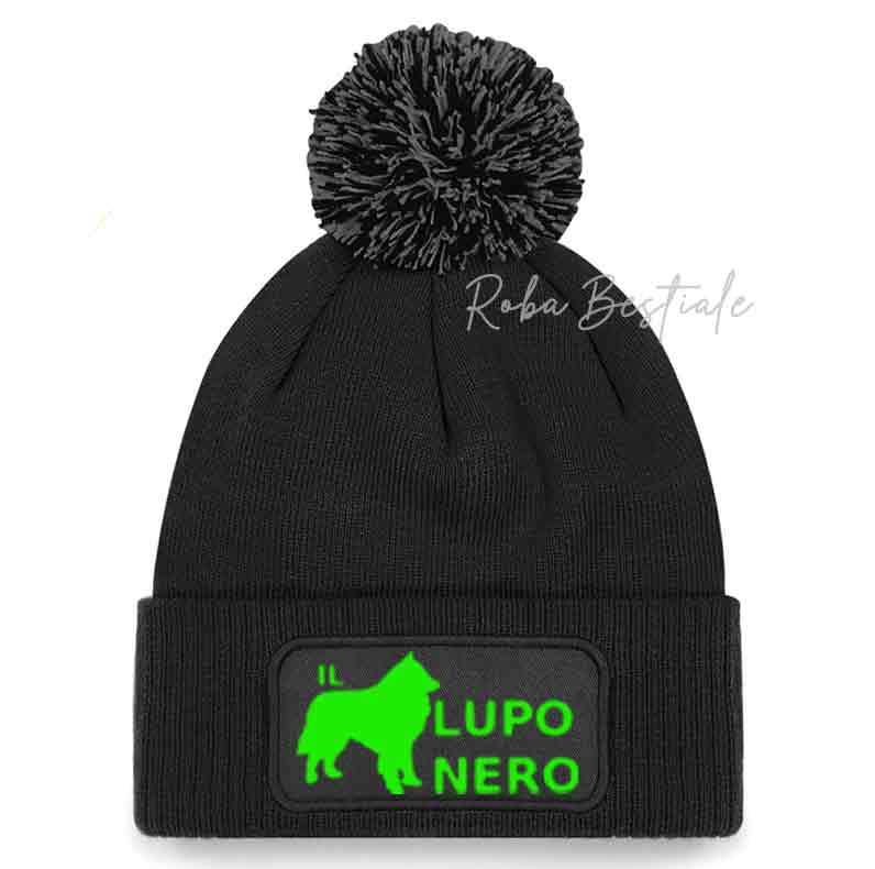 Beanie IL LUPO NERO - Cappellino Invernale con Pon Pon - NERO con logo in vinile Neon Green
