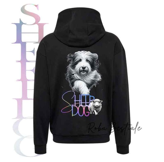 Felpa FLASHY SHEEPDOG - BEARDED COLLIE - Unisex - Nera o Grigia - dalla XS alla 3XL - Scritta Olografica Cangiante!