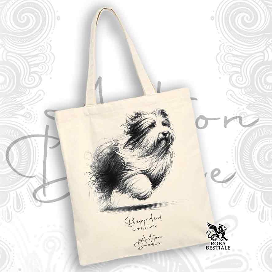 Tote Bag ACTION DOODLE - BEARDED COLLIE - 100% Cotone - Bianca o Beige