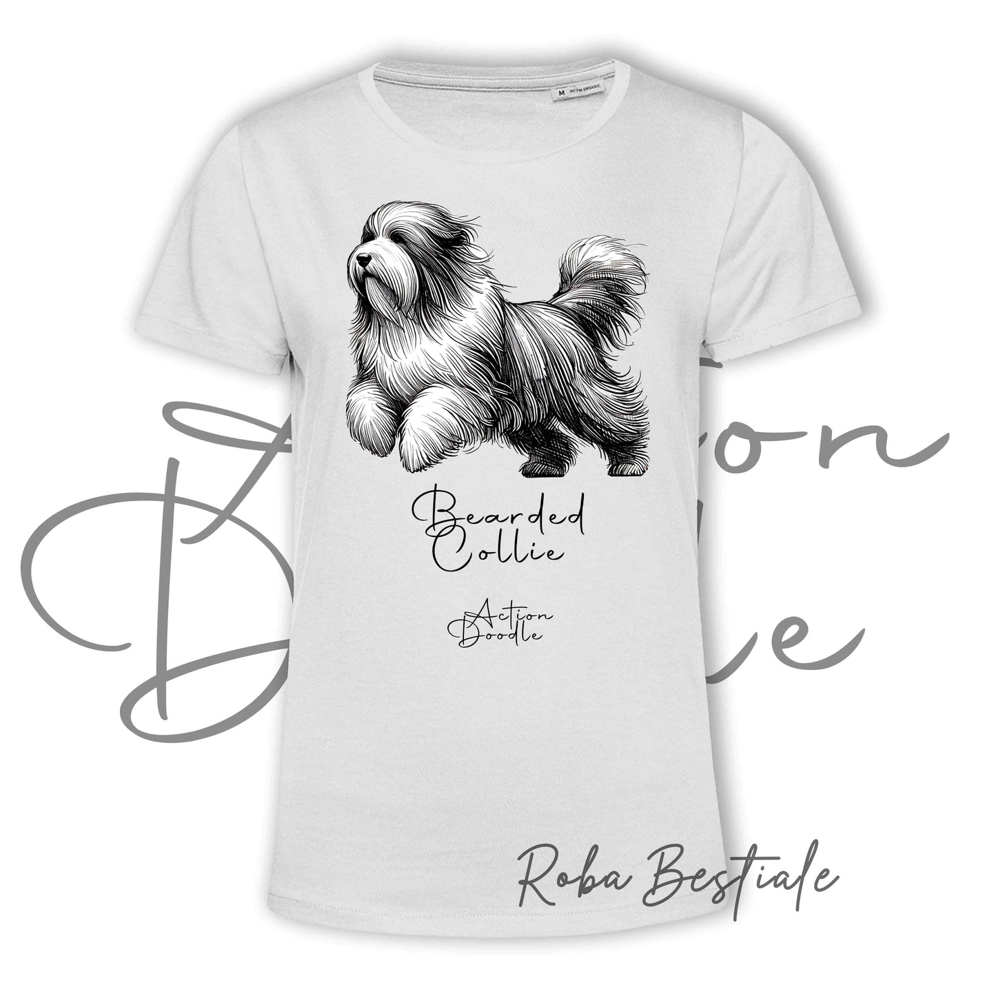 T-Shirt ACTION DOODLE - BEARDED COLLIE 1 - 100% Cotone, Bianca, Uomo o Donna - dalla XS alla 5XL
