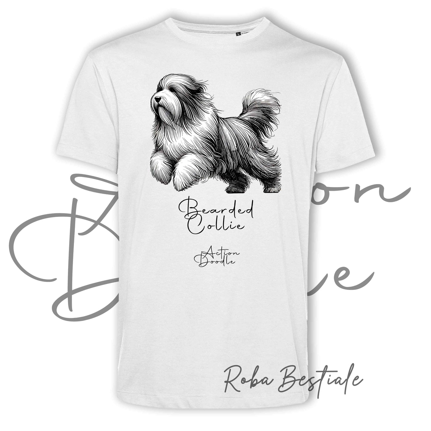 T-Shirt ACTION DOODLE - BEARDED COLLIE 1 - 100% Cotone, Bianca, Uomo o Donna - dalla XS alla 5XL