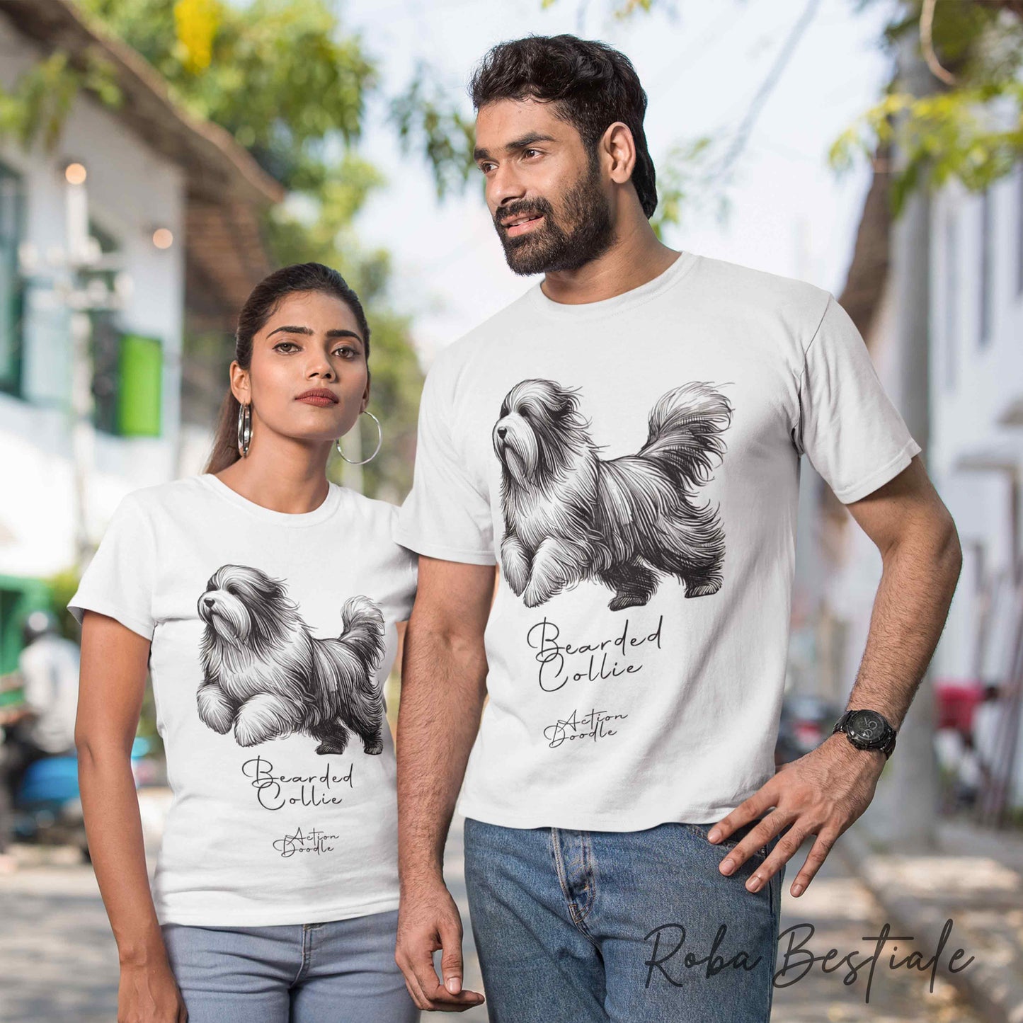 T-Shirt ACTION DOODLE - BEARDED COLLIE 1 - 100% Cotone, Bianca, Uomo o Donna - dalla XS alla 5XL