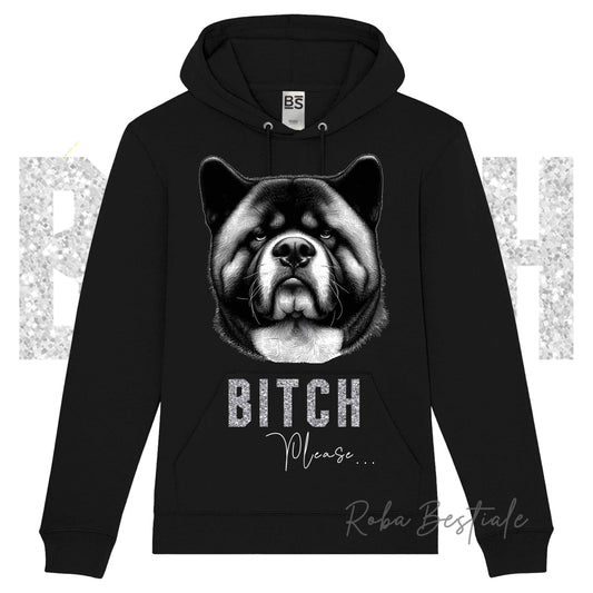 Felpa Invernale BI**H, PLEASE - AKITA AMERICANO - dettagli GLITTER - con Cappuccio, Unisex - Nera o Grigia - dalla XS alla 3XL