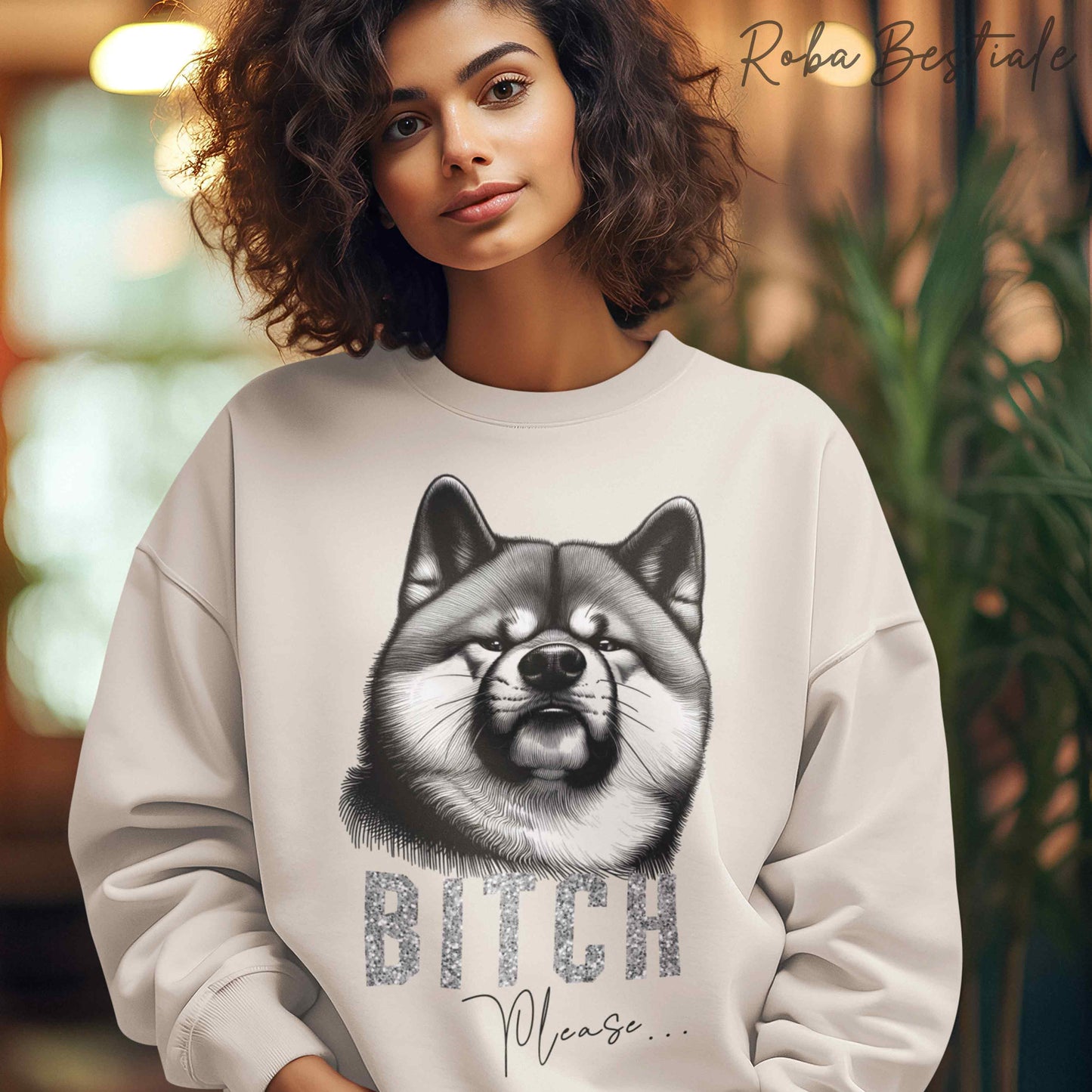 Felpa BI**H, PLEASE - AKITA INU - dettagli GLITTER - Girocollo, Unisex - Off White, Nera o Grigia - dalla XS alla 3XL