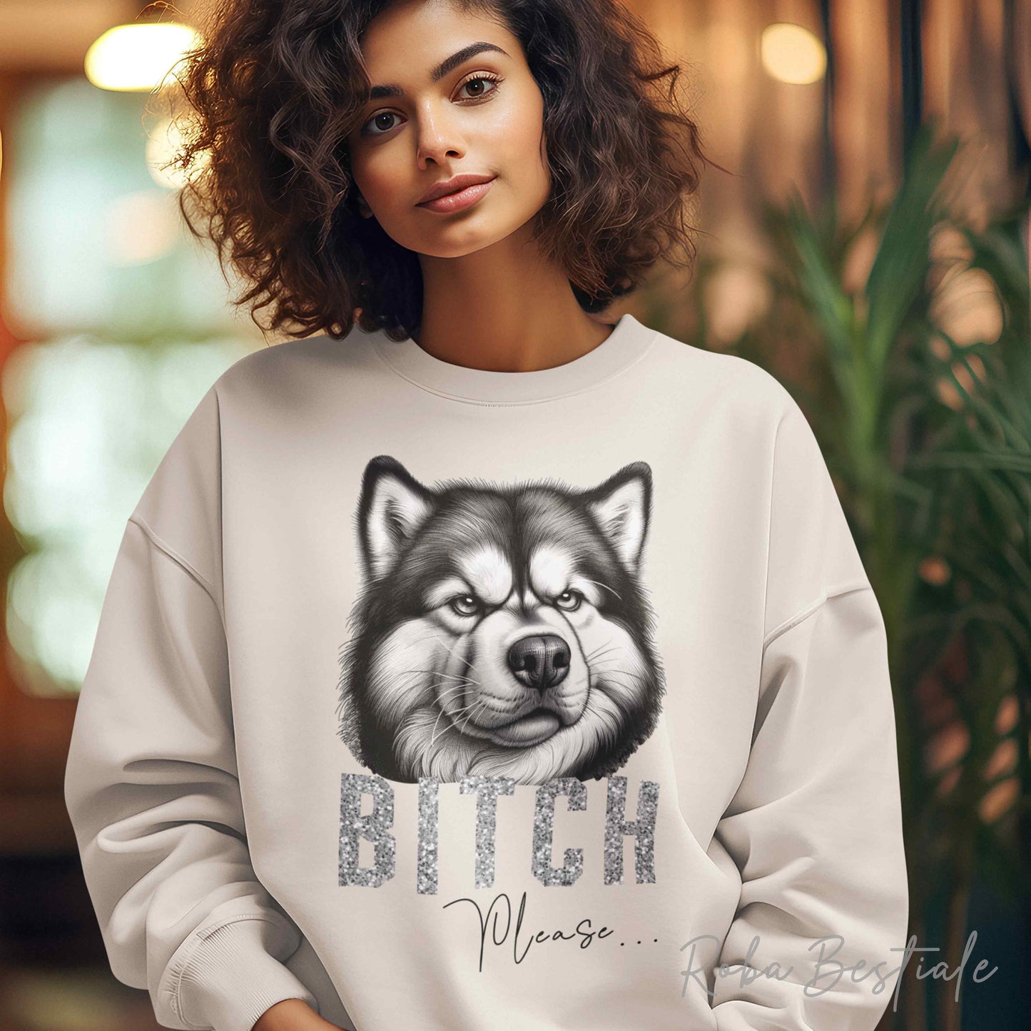 Felpa BI**H, PLEASE - ALASKAN MALAMUTE - dettagli GLITTER - Girocollo, Unisex - Off White, Nera o Grigia - dalla XS alla 3XL
