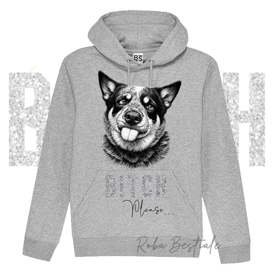 Felpa Invernale BI**H, PLEASE - AUSTRALIAN CATTLE DOG - Dettagli GLITTER - con Cappuccio, Unisex - Nera o Grigia - dalla XS alla 3XL