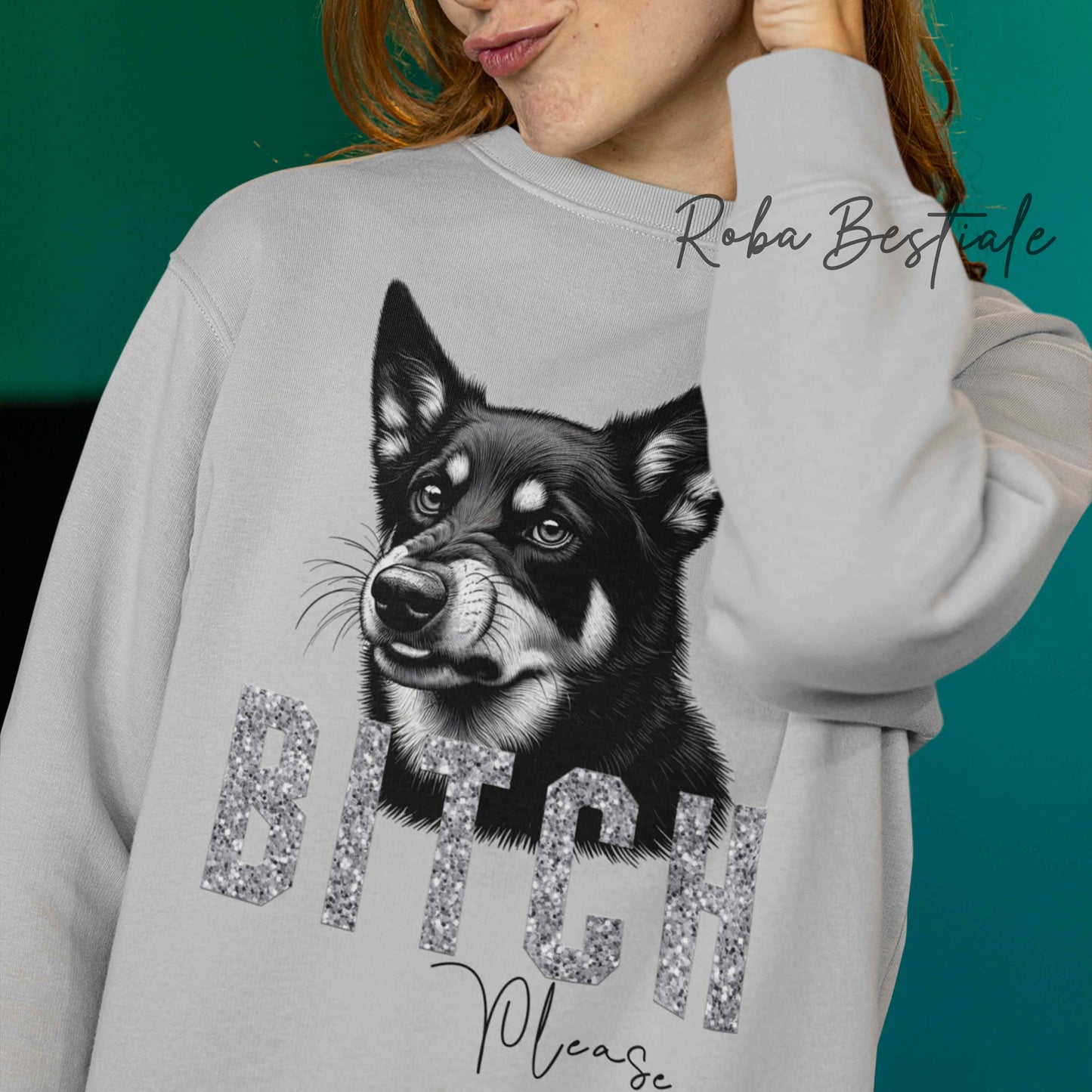 Felpa BI**H, PLEASE - AUSTRALIAN KELPIE - Dettagli GLITTER - Girocollo, Unisex - Off White, Nera o Grigia - dalla XS alla 3XL