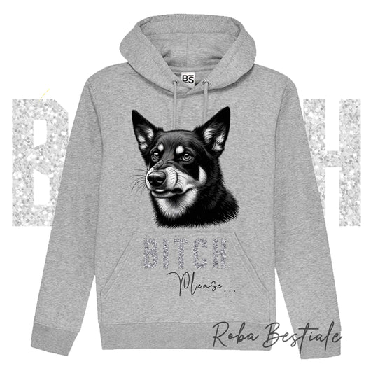 Felpa Invernale BI**H, PLEASE - AUSTRALIAN KELPIE - dettagli GLITTER - con Cappuccio, Unisex - Nera o Grigia - dalla XS alla 3XL