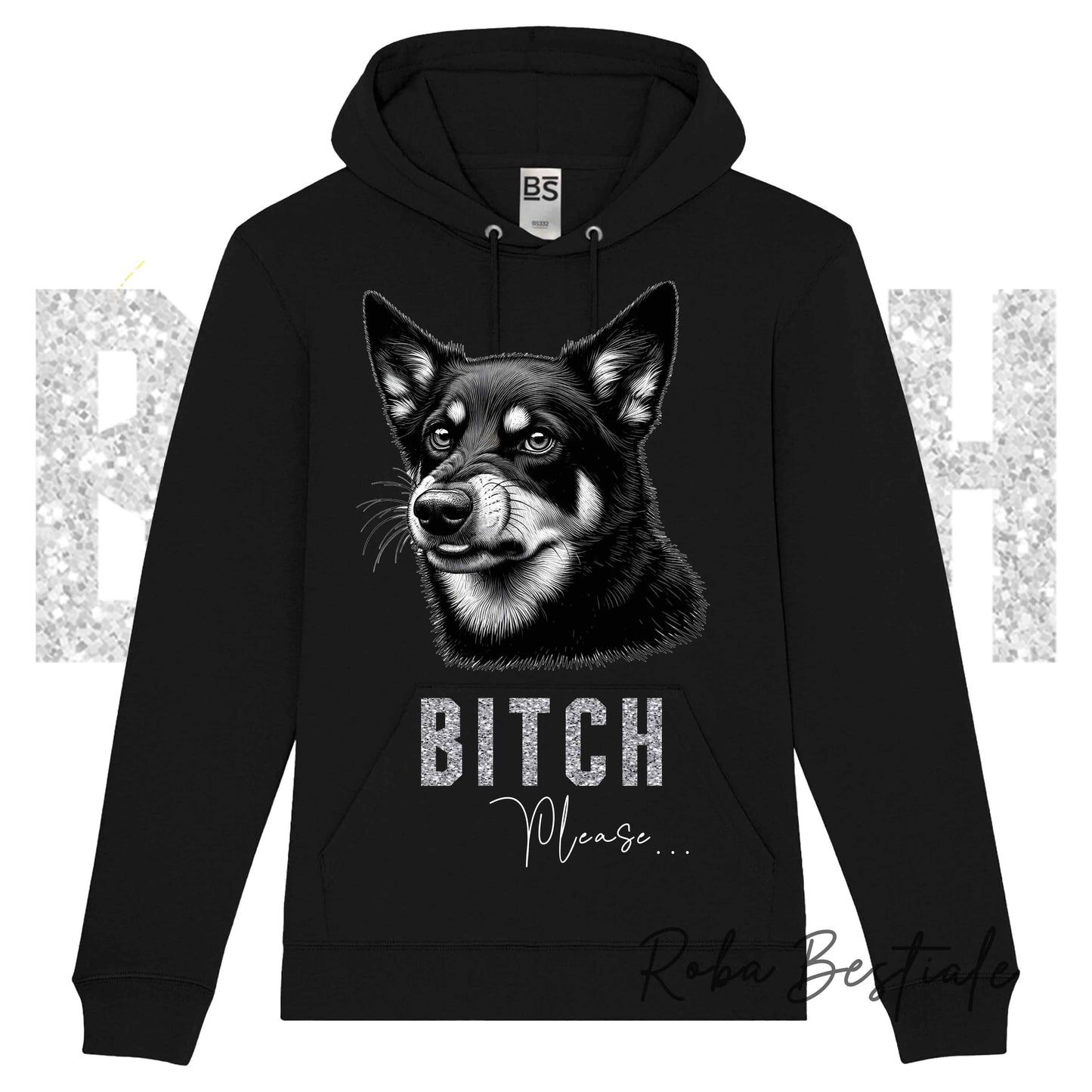 Felpa Invernale BI**H, PLEASE - AUSTRALIAN KELPIE - dettagli GLITTER - con Cappuccio, Unisex - Nera o Grigia - dalla XS alla 3XL