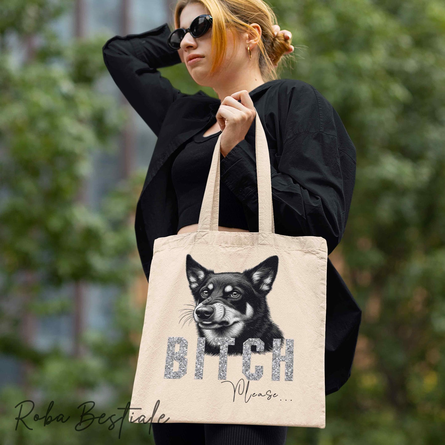 Shopper BI**H, PLEASE - AUSTRALIAN KELPIE - dettagli GLITTER - Diversi colori disponibili, 100% Cotone
