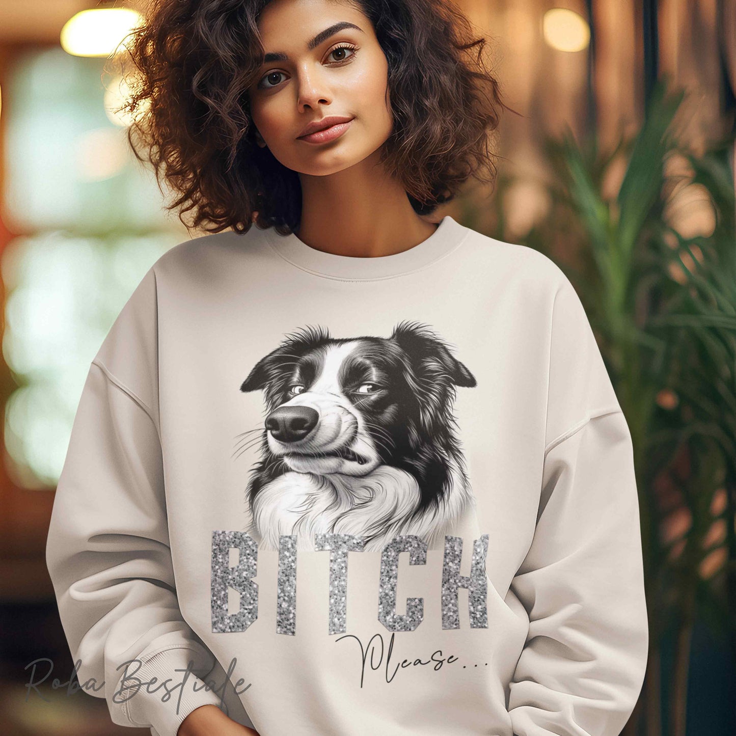 Felpa BI**H, PLEASE - BORDER COLLIE - Dettagli GLITTER - Girocollo, Unisex - Off White, Nera o Grigia - dalla XS alla 3XL