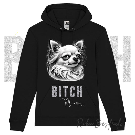 Felpa Invernale BI**H, PLEASE - CHIHUAHUA a Pelo Lungo Bianco - dettagli GLITTER - con Cappuccio, Unisex - Nera o Grigia - dalla XS alla 3XL