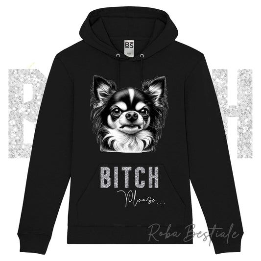 Felpa Invernale BI**H, PLEASE - CHIHUAHUA a Pelo Lungo Bicolore - dettagli GLITTER - con Cappuccio, Unisex - Nera o Grigia - dalla XS alla 3XL