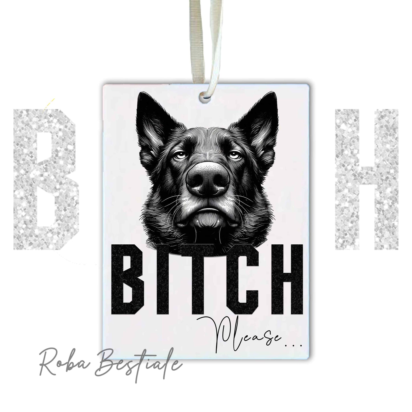 Deodorante Auto BI**H, PLEASE - PASTORE TEDESCO GRIGIONE - In Feltro, con cordino - 7,5 x 10 cm