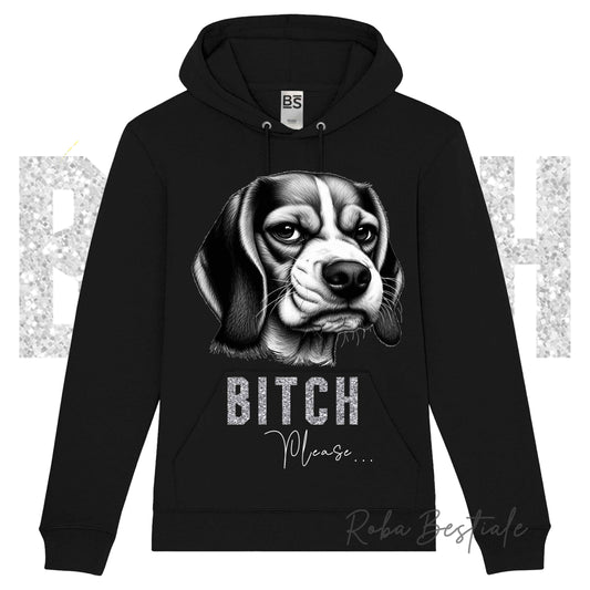 Felpa Invernale BI**H, PLEASE - BEAGLE - dettagli GLITTER - con Cappuccio, Unisex - Nera o Grigia - dalla XS alla 3XL
