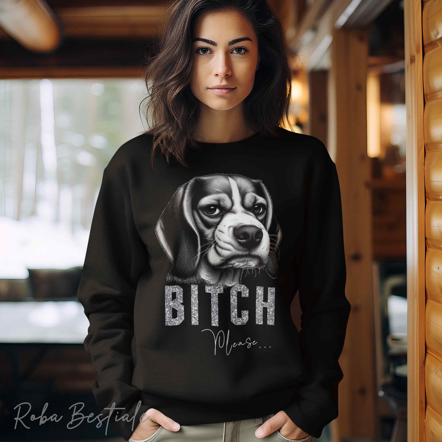 Felpa BI**H, PLEASE - BEAGLE - Dettagli GLITTER - Girocollo, Unisex - Off White, Nera o Grigia - dalla XS alla 3XL